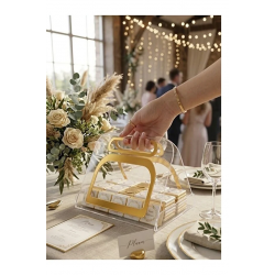 (20*24 cm) Çikolata Sunumluk Gold Detaylı Pleksi Çanta Söz Nişan Organizer