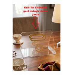 Gold Detaylı Pleksi Çanta (20*24 cm) Organizer Söz İsteme Nişan Çikolata Sunumluk