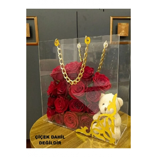 (23*25) Gold Zincirli Pleksi Çanta-Çiçek Çantası-Kız İsteme-Nişan-Düğün