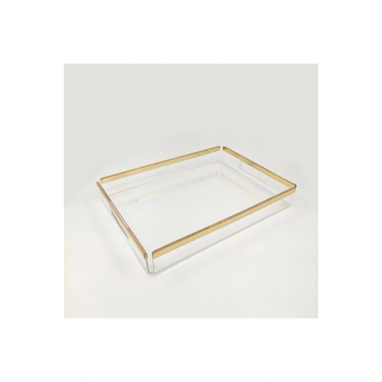 Şeffaf Pleksi Sunum Tepsisi - Gold Detaylı |25*35 Cm - Söz & Nişan & Servis Tepsisi