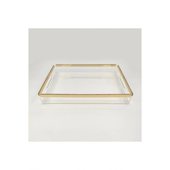 Şeffaf Pleksi Sunum Tepsisi - Gold Detaylı |25*35 Cm - Söz & Nişan & Servis Tepsisi