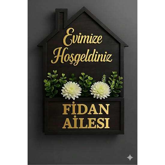 AHŞAP EV ve GOLD PLEKSİ YAZILI KAPI SÜSÜ 25*35CM