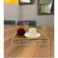 GOLD METAL KULPLU ŞEFFAF PLEKSİ SUNUM NİŞAN TEPSİSİ (20*30 CM)