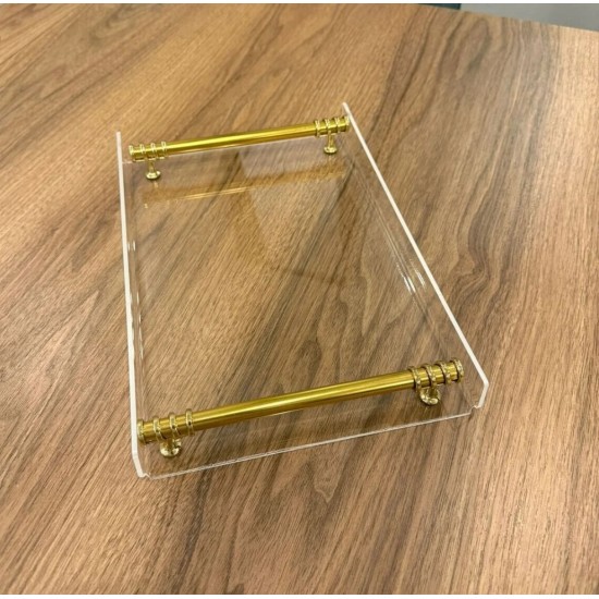GOLD METAL KULPLU ŞEFFAF PLEKSİ SUNUM NİŞAN TEPSİSİ (20*30 CM)