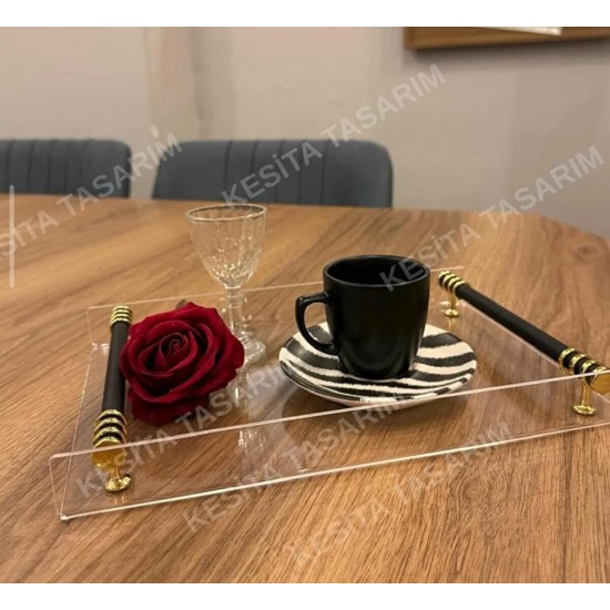 SİYAH-GOLD METAL KULPLU ŞEFFAF PLEKSİ SÖZ NİŞAN SUNUM TEPSİ 20*30