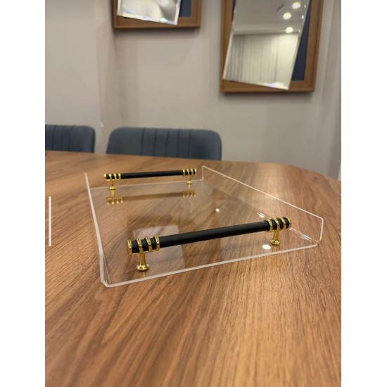 SİYAH-GOLD METAL KULPLU 4 KİŞİLİK SUNUM SÖZ NİŞAN PLEKSİ TEPSİ (25*35 CM)