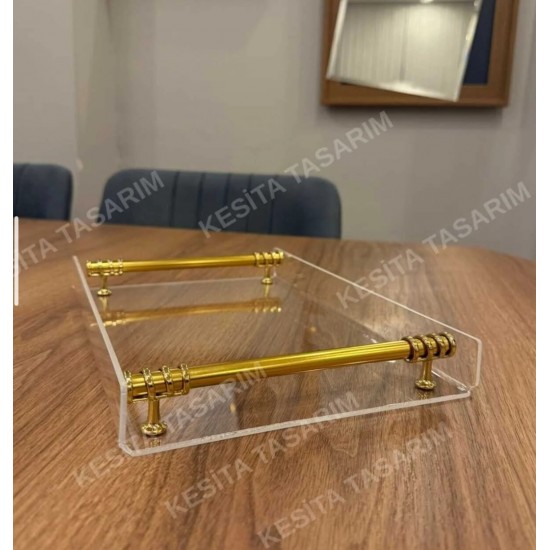 GOLD METAL KULPLU ŞEFFAF PLEKSİ SUNUM NİŞAN TEPSİSİ (20*30 CM)