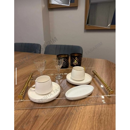 GOLD METAL KULPLU 4 KİŞİLİK SÖZ NİŞAN SUNUMLUK PLEKSİ TEPSİ (25*35)